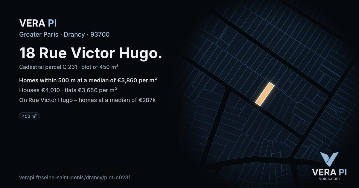 18 Rue Victor Hugo, Drancy at night – the plot lit, the parcels around coloured by the prices near them