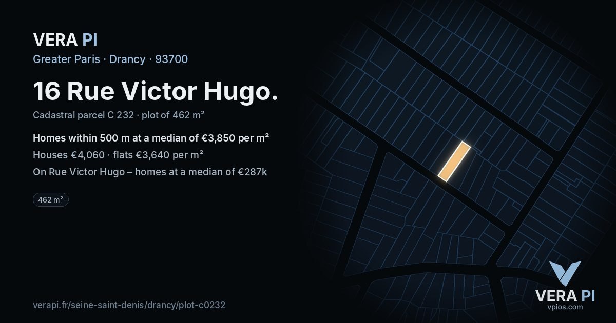 16 Rue Victor Hugo, Drancy at night – the plot lit, the parcels around coloured by the prices near them