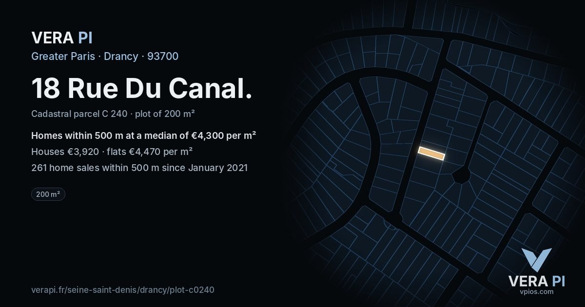 18 Rue Du Canal, Drancy at night – the plot lit, the parcels around coloured by the prices near them