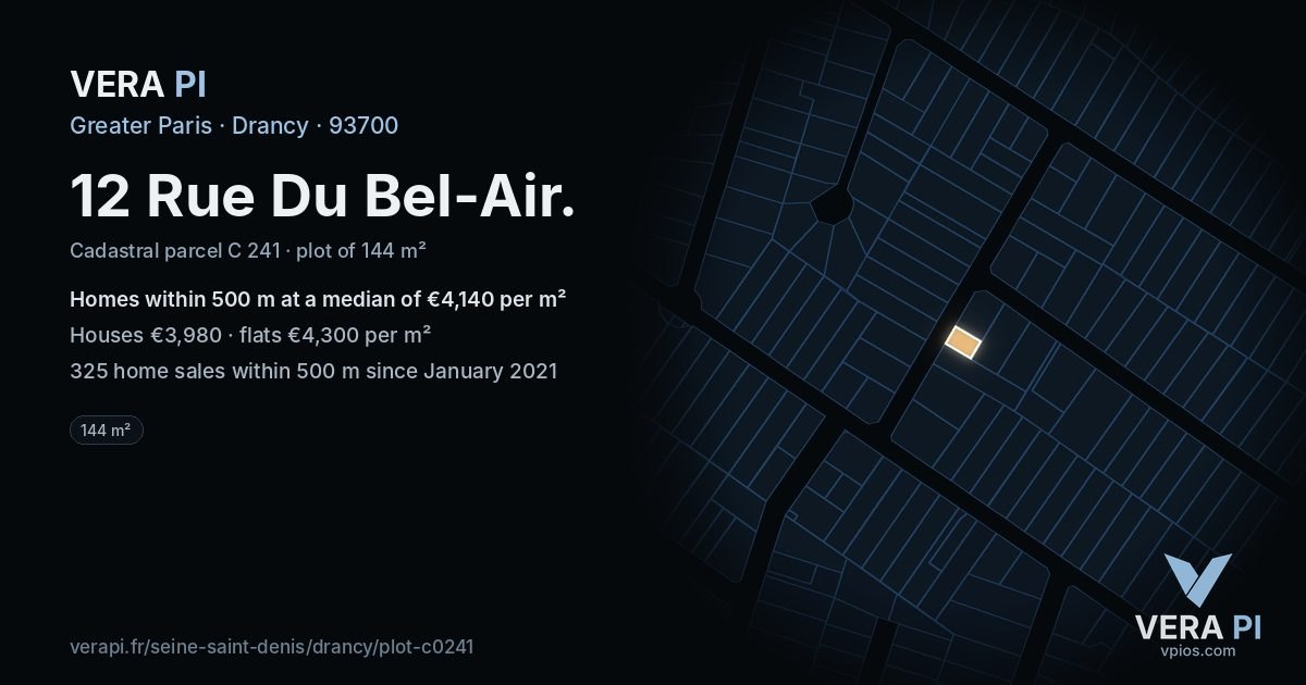 12 Rue Du Bel-Air, Drancy at night – the plot lit, the parcels around coloured by the prices near them