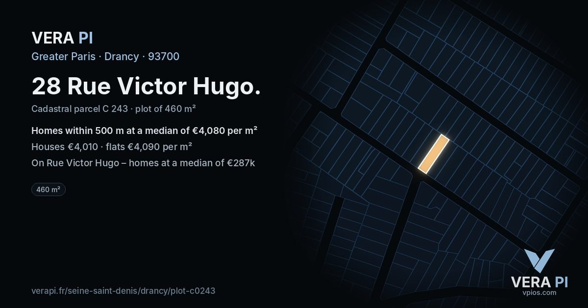 28 Rue Victor Hugo, Drancy at night – the plot lit, the parcels around coloured by the prices near them
