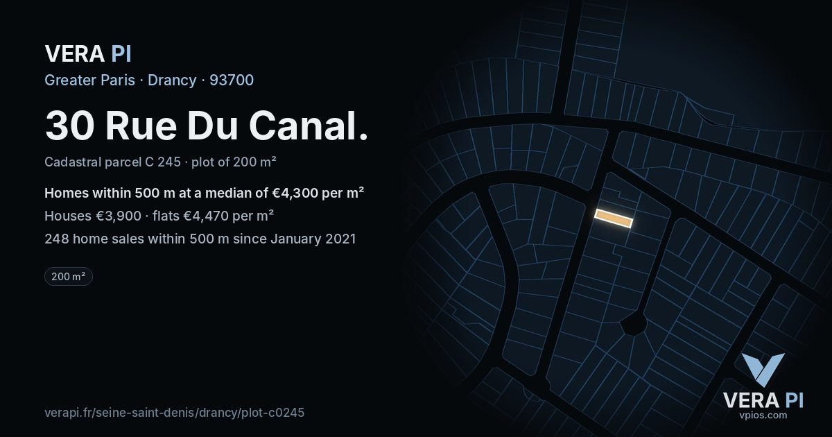 30 Rue Du Canal, Drancy at night – the plot lit, the parcels around coloured by the prices near them