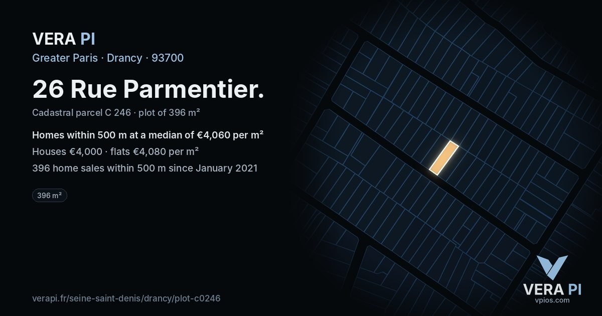 26 Rue Parmentier, Drancy at night – the plot lit, the parcels around coloured by the prices near them