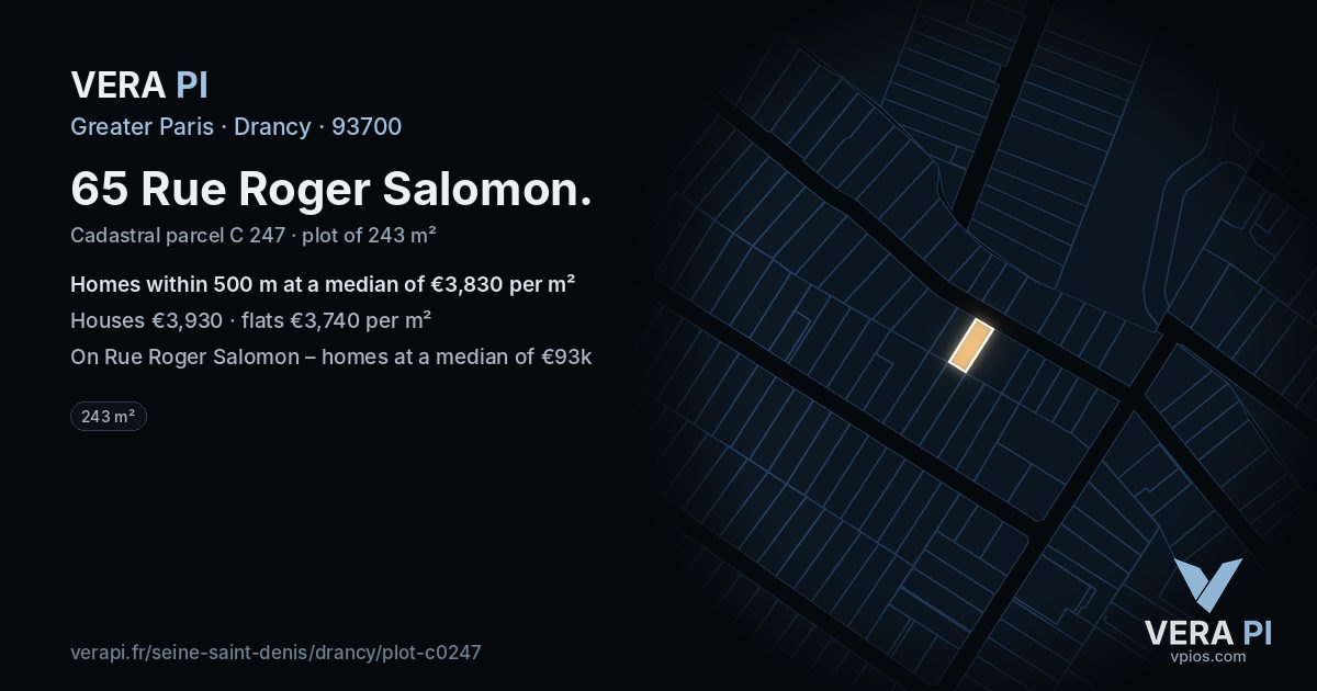 65 Rue Roger Salomon, Drancy at night – the plot lit, the parcels around coloured by the prices near them