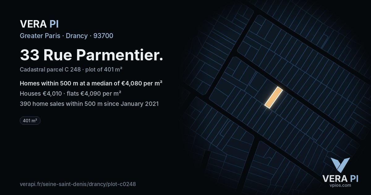 33 Rue Parmentier, Drancy at night – the plot lit, the parcels around coloured by the prices near them
