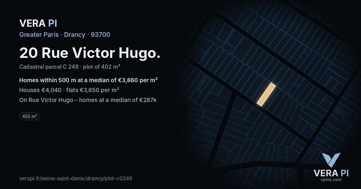 20 Rue Victor Hugo, Drancy at night – the plot lit, the parcels around coloured by the prices near them