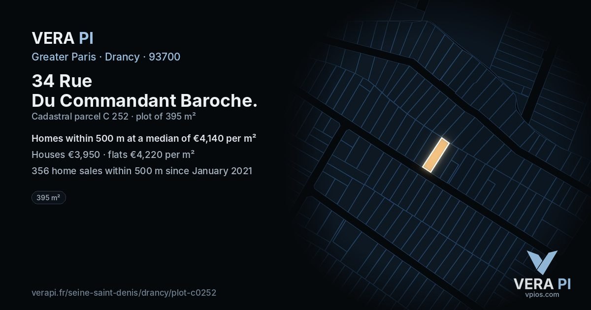 34 Rue Du Commandant Baroche, Drancy at night – the plot lit, the parcels around coloured by the prices near them