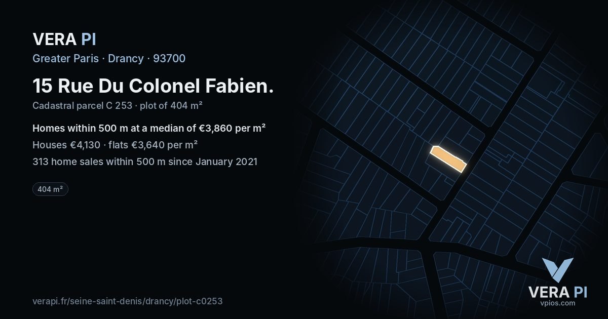 15 Rue Du Colonel Fabien, Drancy at night – the plot lit, the parcels around coloured by the prices near them