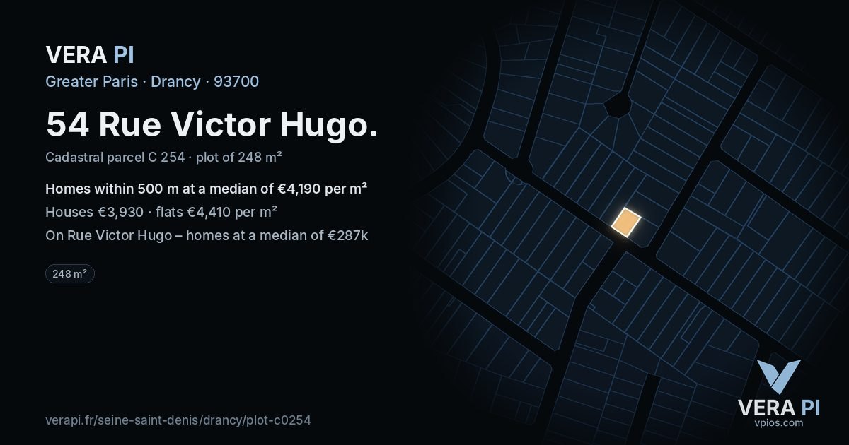 54 Rue Victor Hugo, Drancy at night – the plot lit, the parcels around coloured by the prices near them