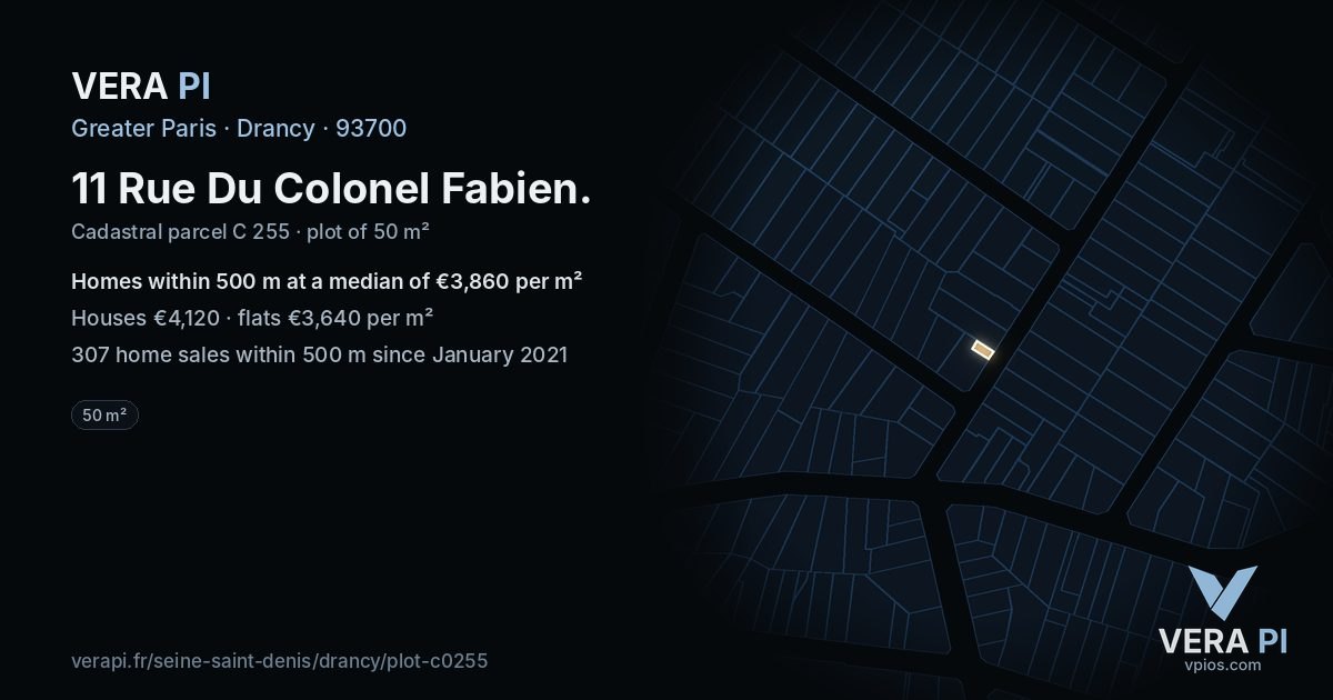 11 Rue Du Colonel Fabien, Drancy at night – the plot lit, the parcels around coloured by the prices near them
