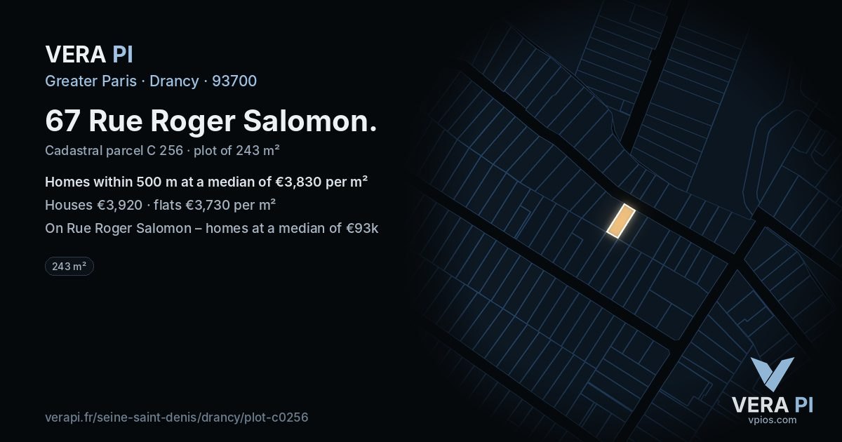 67 Rue Roger Salomon, Drancy at night – the plot lit, the parcels around coloured by the prices near them