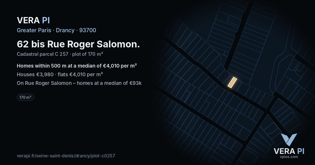62 bis Rue Roger Salomon, Drancy at night – the plot lit, the parcels around coloured by the prices near them