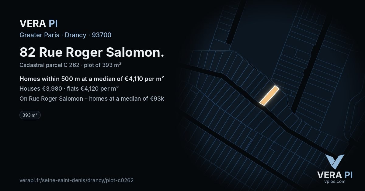 82 Rue Roger Salomon, Drancy at night – the plot lit, the parcels around coloured by the prices near them