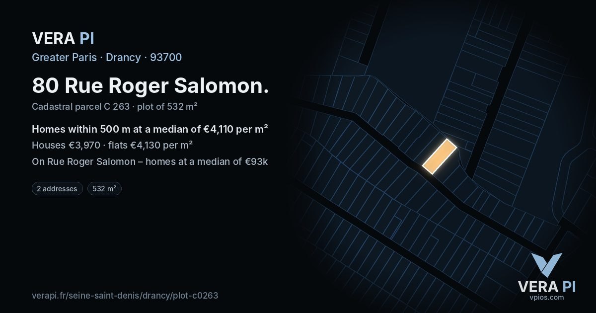 80 Rue Roger Salomon, Drancy at night – the plot lit, the parcels around coloured by the prices near them