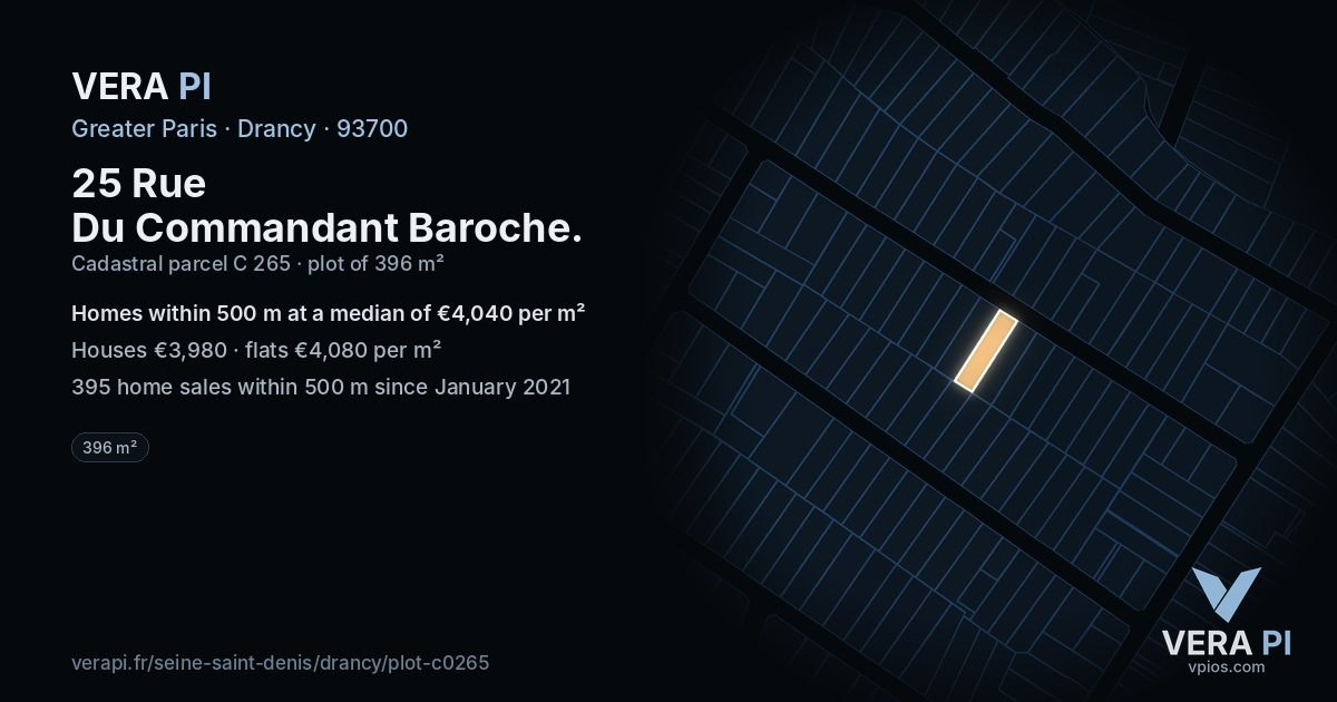 25 Rue Du Commandant Baroche, Drancy at night – the plot lit, the parcels around coloured by the prices near them