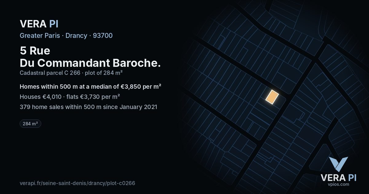 5 Rue Du Commandant Baroche, Drancy at night – the plot lit, the parcels around coloured by the prices near them