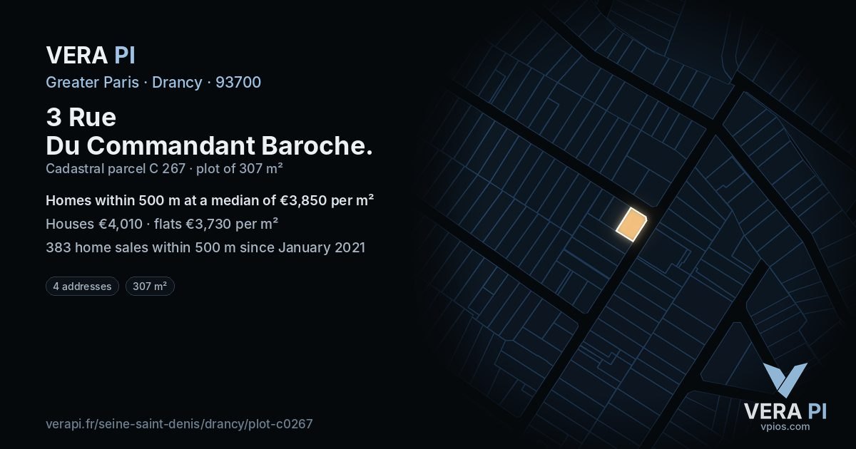3 Rue Du Commandant Baroche, Drancy at night – the plot lit, the parcels around coloured by the prices near them