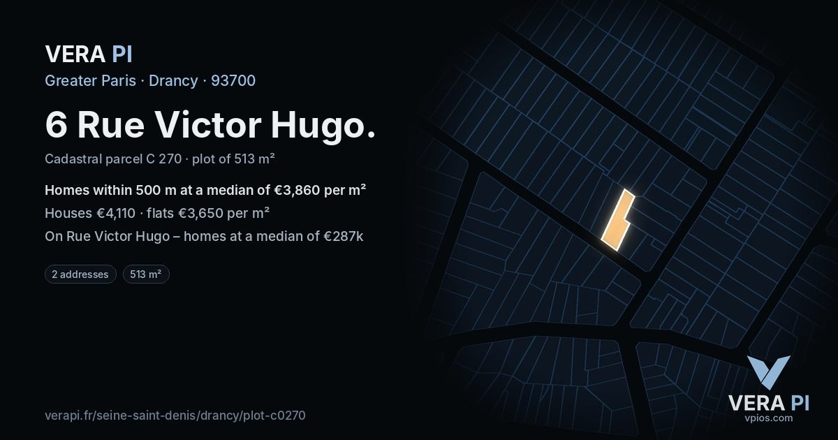 6 Rue Victor Hugo, Drancy at night – the plot lit, the parcels around coloured by the prices near them