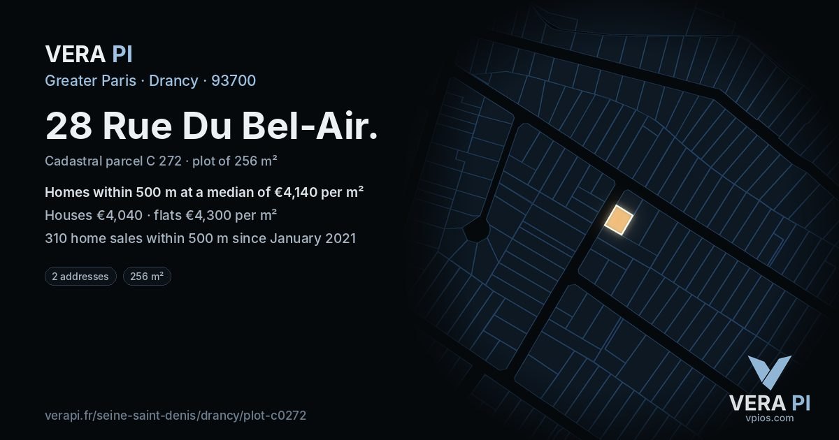 28 Rue Du Bel-Air, Drancy at night – the plot lit, the parcels around coloured by the prices near them