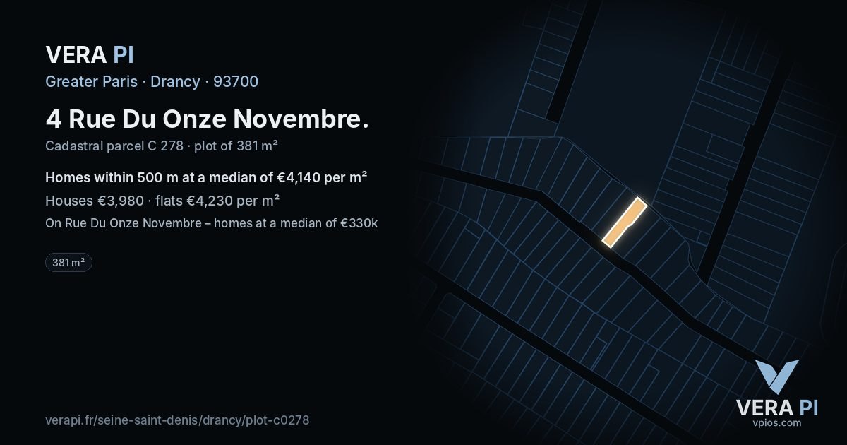 4 Rue Du Onze Novembre, Drancy at night – the plot lit, the parcels around coloured by the prices near them