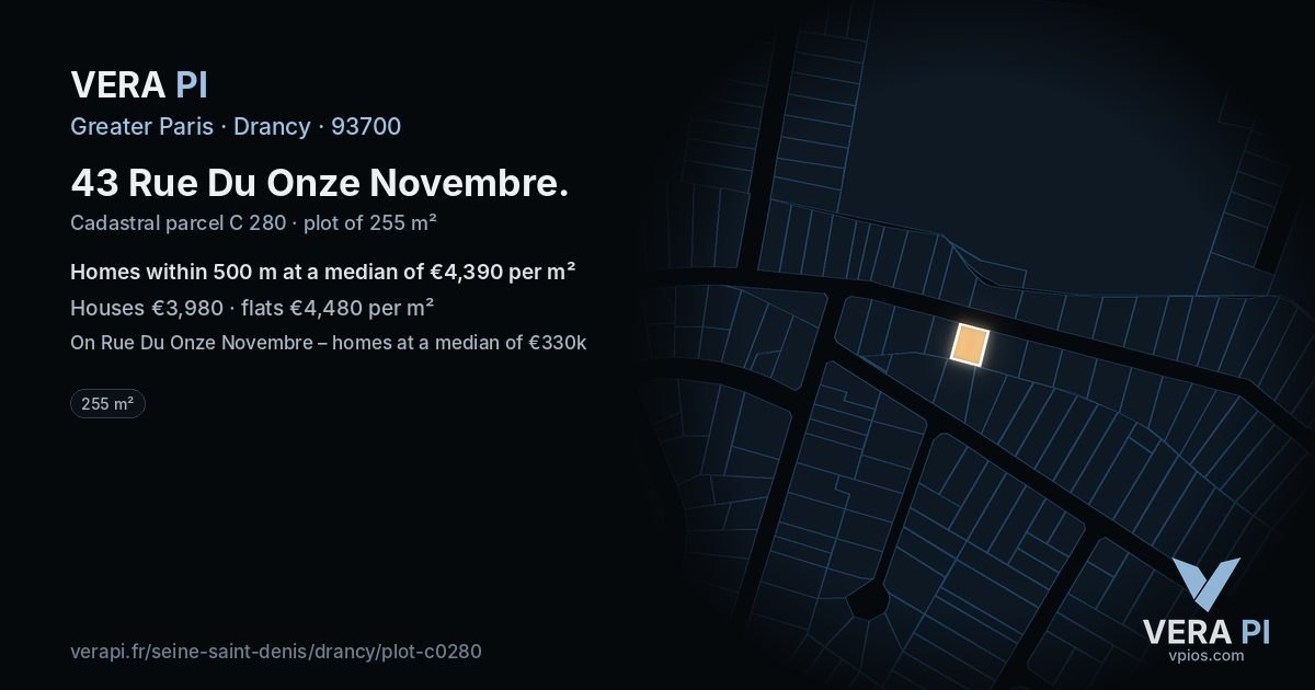 43 Rue Du Onze Novembre, Drancy at night – the plot lit, the parcels around coloured by the prices near them