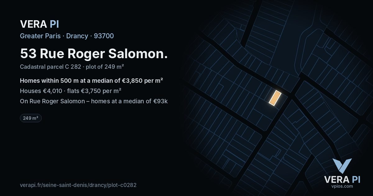 53 Rue Roger Salomon, Drancy at night – the plot lit, the parcels around coloured by the prices near them