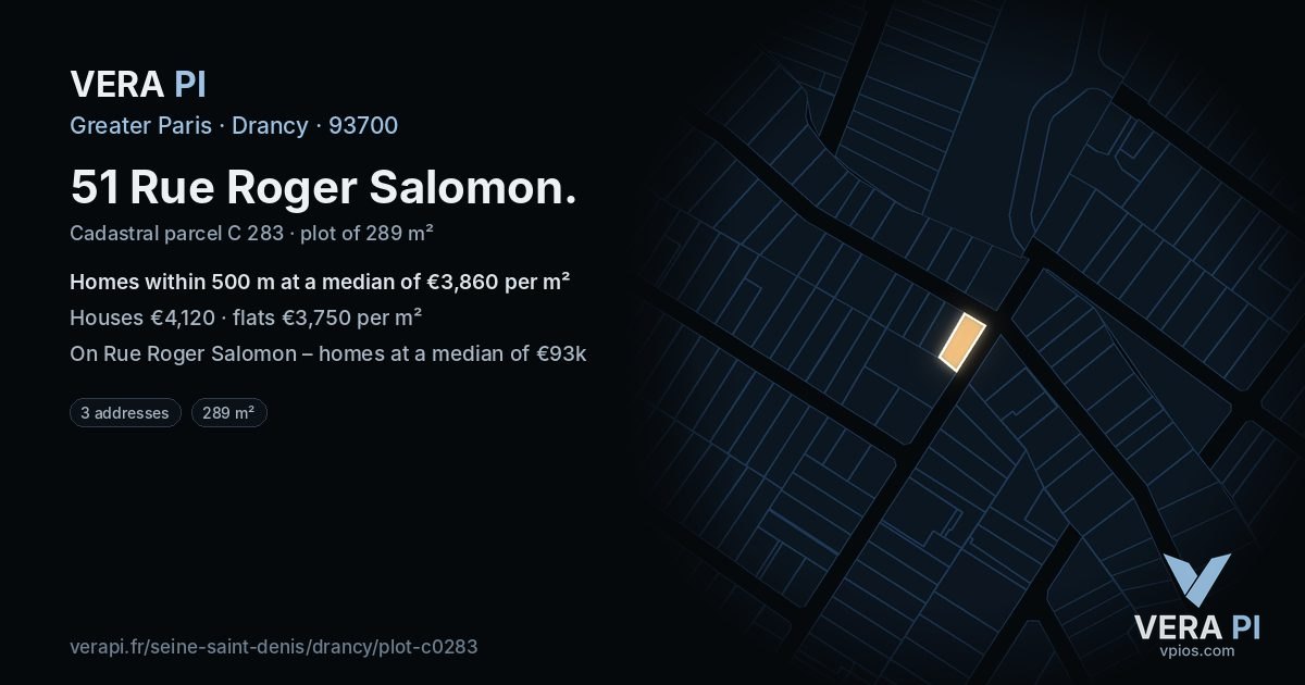51 Rue Roger Salomon, Drancy at night – the plot lit, the parcels around coloured by the prices near them