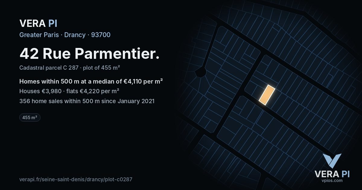 42 Rue Parmentier, Drancy at night – the plot lit, the parcels around coloured by the prices near them