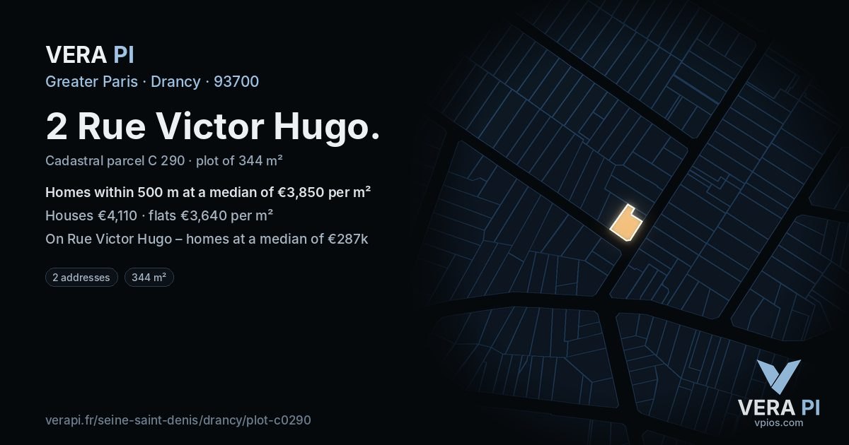 2 Rue Victor Hugo, Drancy at night – the plot lit, the parcels around coloured by the prices near them