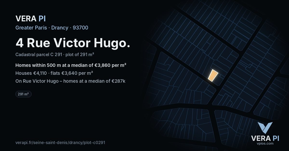4 Rue Victor Hugo, Drancy at night – the plot lit, the parcels around coloured by the prices near them