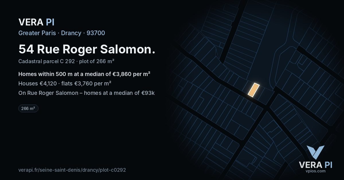 54 Rue Roger Salomon, Drancy at night – the plot lit, the parcels around coloured by the prices near them