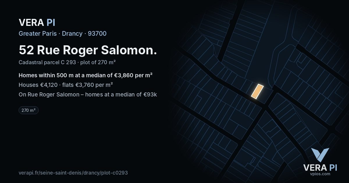 52 Rue Roger Salomon, Drancy at night – the plot lit, the parcels around coloured by the prices near them