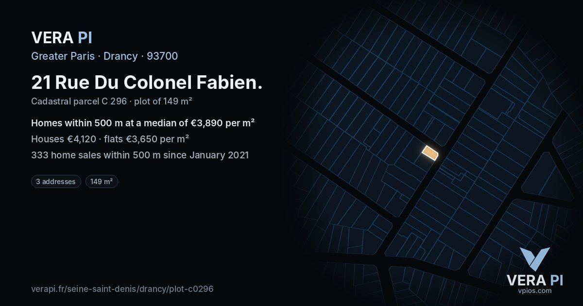 21 Rue Du Colonel Fabien, Drancy at night – the plot lit, the parcels around coloured by the prices near them