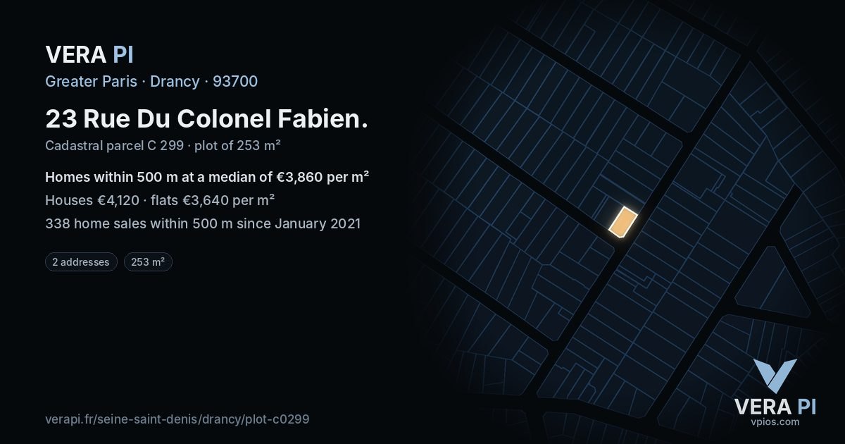23 Rue Du Colonel Fabien, Drancy at night – the plot lit, the parcels around coloured by the prices near them