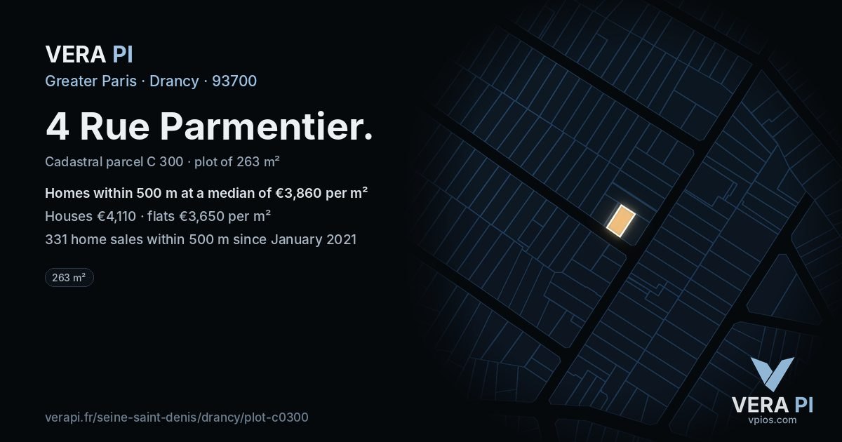 4 Rue Parmentier, Drancy at night – the plot lit, the parcels around coloured by the prices near them