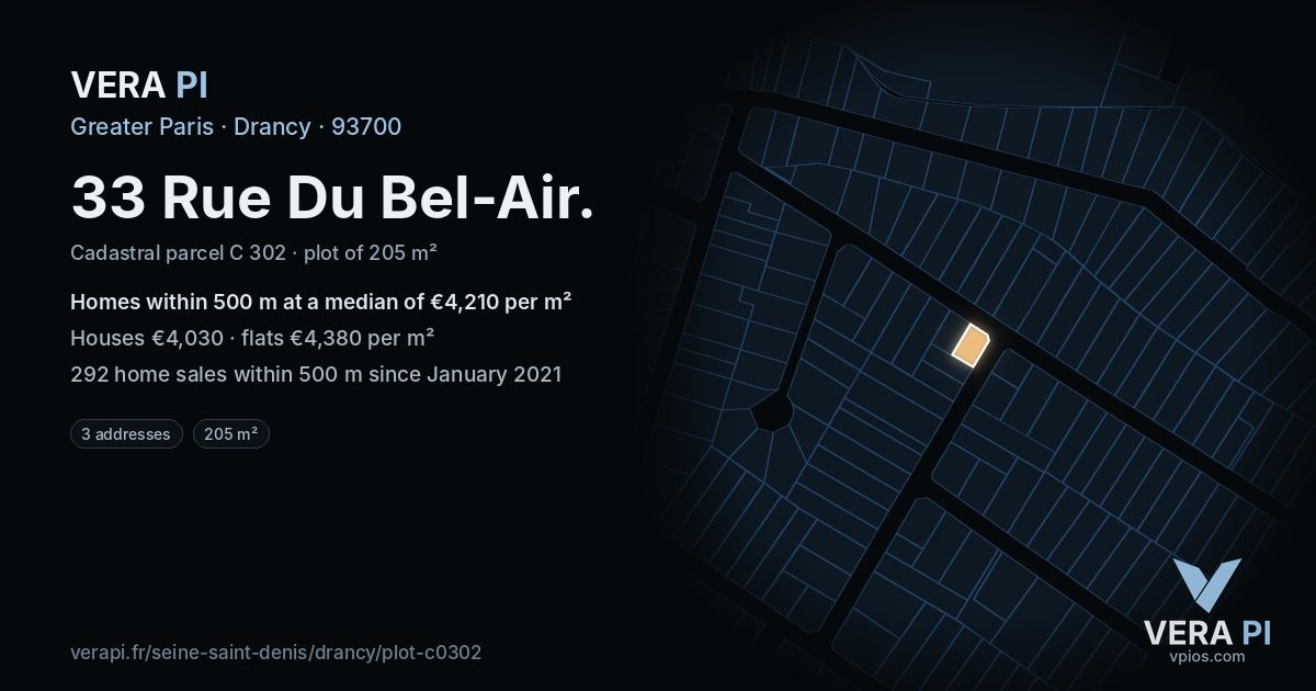 33 Rue Du Bel-Air, Drancy at night – the plot lit, the parcels around coloured by the prices near them