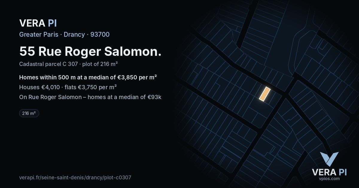 55 Rue Roger Salomon, Drancy at night – the plot lit, the parcels around coloured by the prices near them