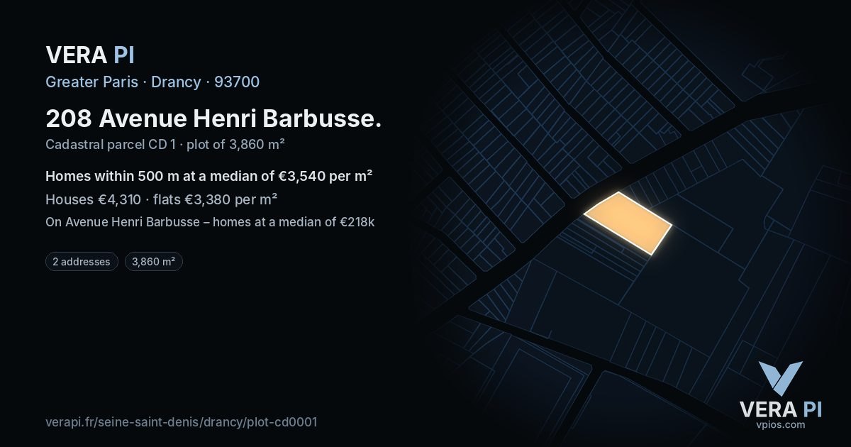 208 Avenue Henri Barbusse, Drancy at night – the plot lit, the parcels around coloured by the prices near them