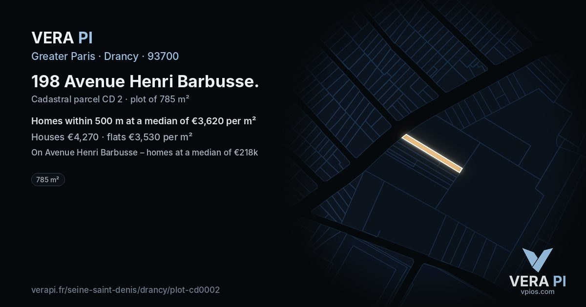198 Avenue Henri Barbusse, Drancy at night – the plot lit, the parcels around coloured by the prices near them