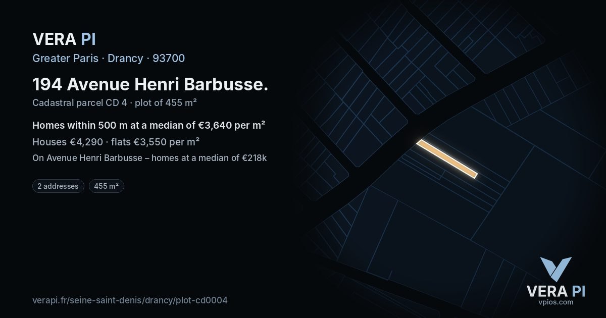 194 Avenue Henri Barbusse, Drancy at night – the plot lit, the parcels around coloured by the prices near them