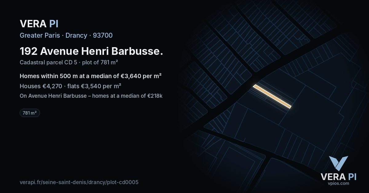 192 Avenue Henri Barbusse, Drancy at night – the plot lit, the parcels around coloured by the prices near them