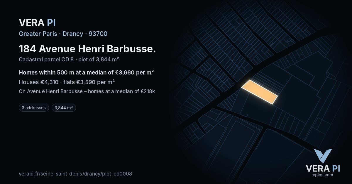 184 Avenue Henri Barbusse, Drancy at night – the plot lit, the parcels around coloured by the prices near them