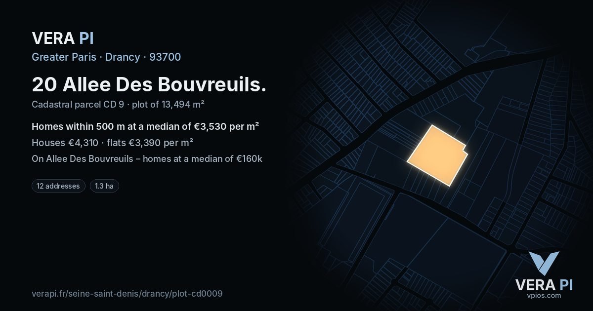 20 Allee Des Bouvreuils, Drancy at night – the plot lit, the parcels around coloured by the prices near them