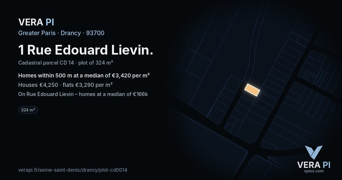 1 Rue Edouard Lievin, Drancy at night – the plot lit, the parcels around coloured by the prices near them