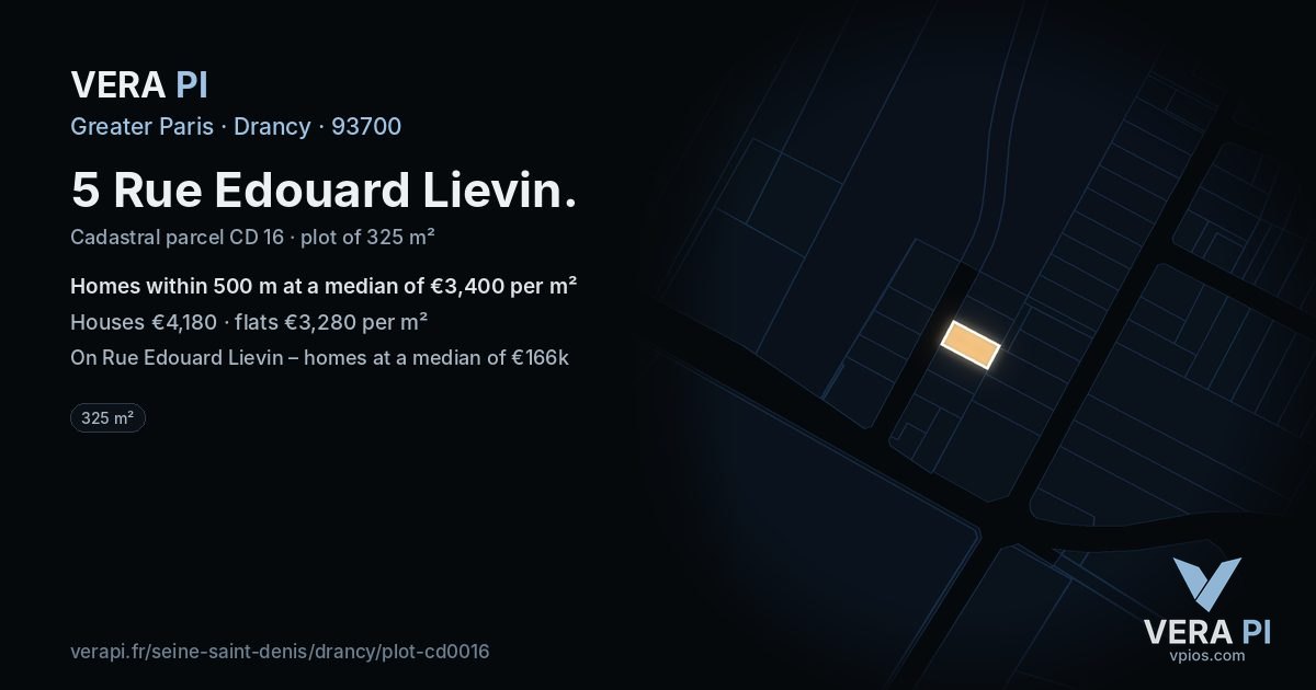 5 Rue Edouard Lievin, Drancy at night – the plot lit, the parcels around coloured by the prices near them
