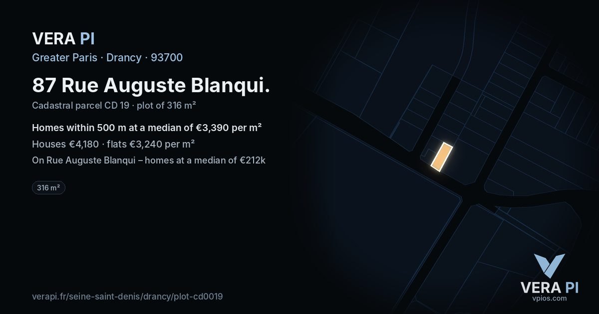 87 Rue Auguste Blanqui, Drancy at night – the plot lit, the parcels around coloured by the prices near them