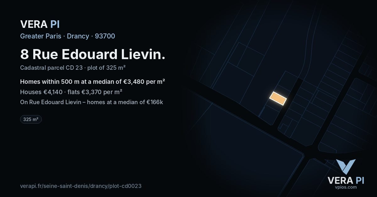 8 Rue Edouard Lievin, Drancy at night – the plot lit, the parcels around coloured by the prices near them