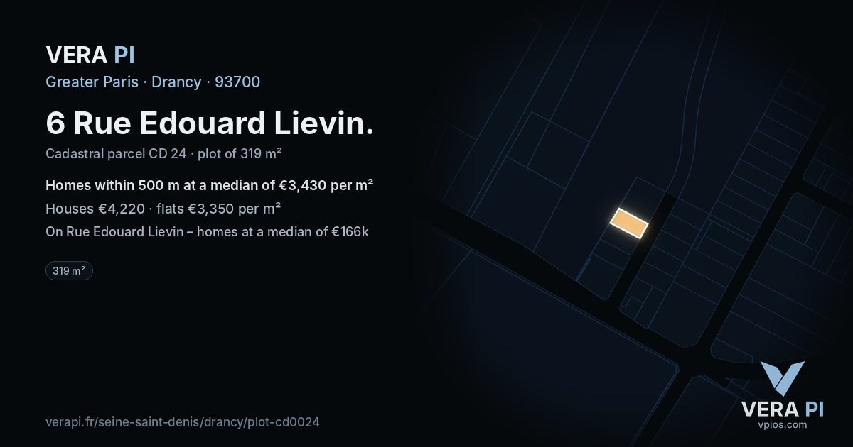 6 Rue Edouard Lievin, Drancy at night – the plot lit, the parcels around coloured by the prices near them