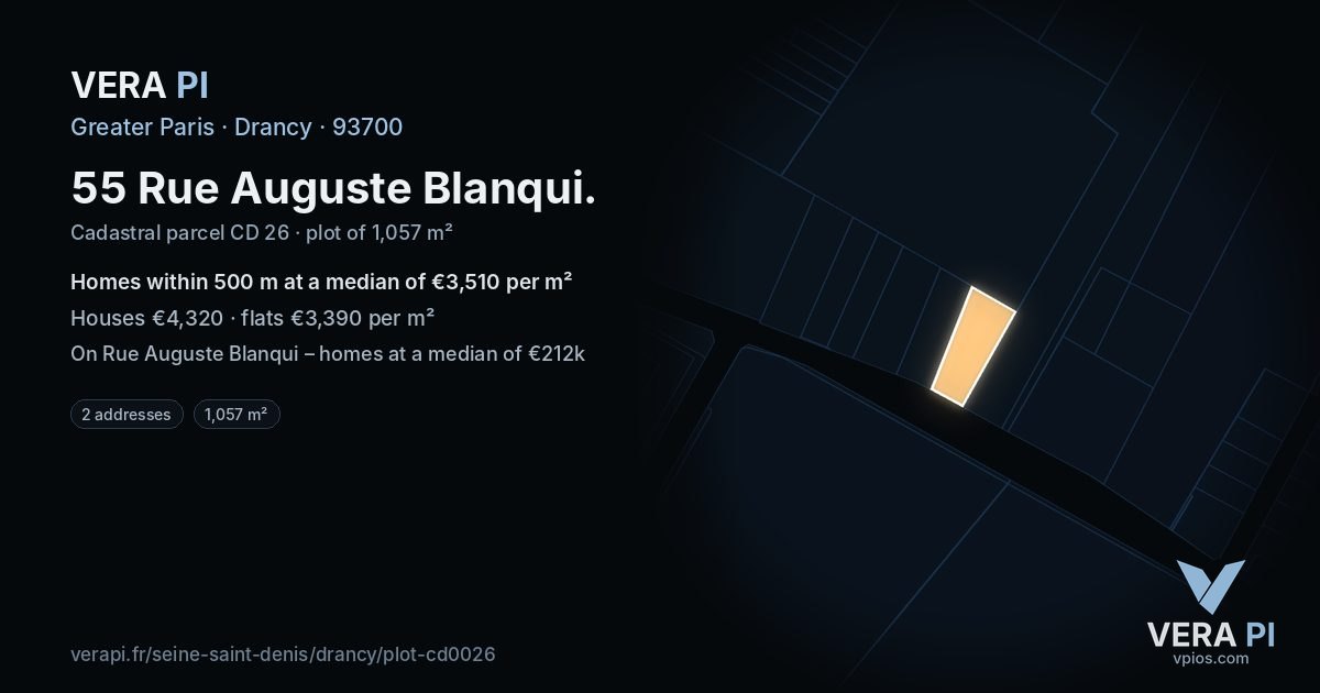 55 Rue Auguste Blanqui, Drancy at night – the plot lit, the parcels around coloured by the prices near them