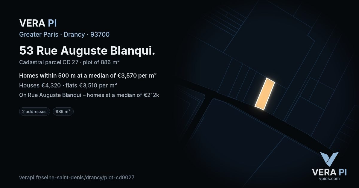 53 Rue Auguste Blanqui, Drancy at night – the plot lit, the parcels around coloured by the prices near them